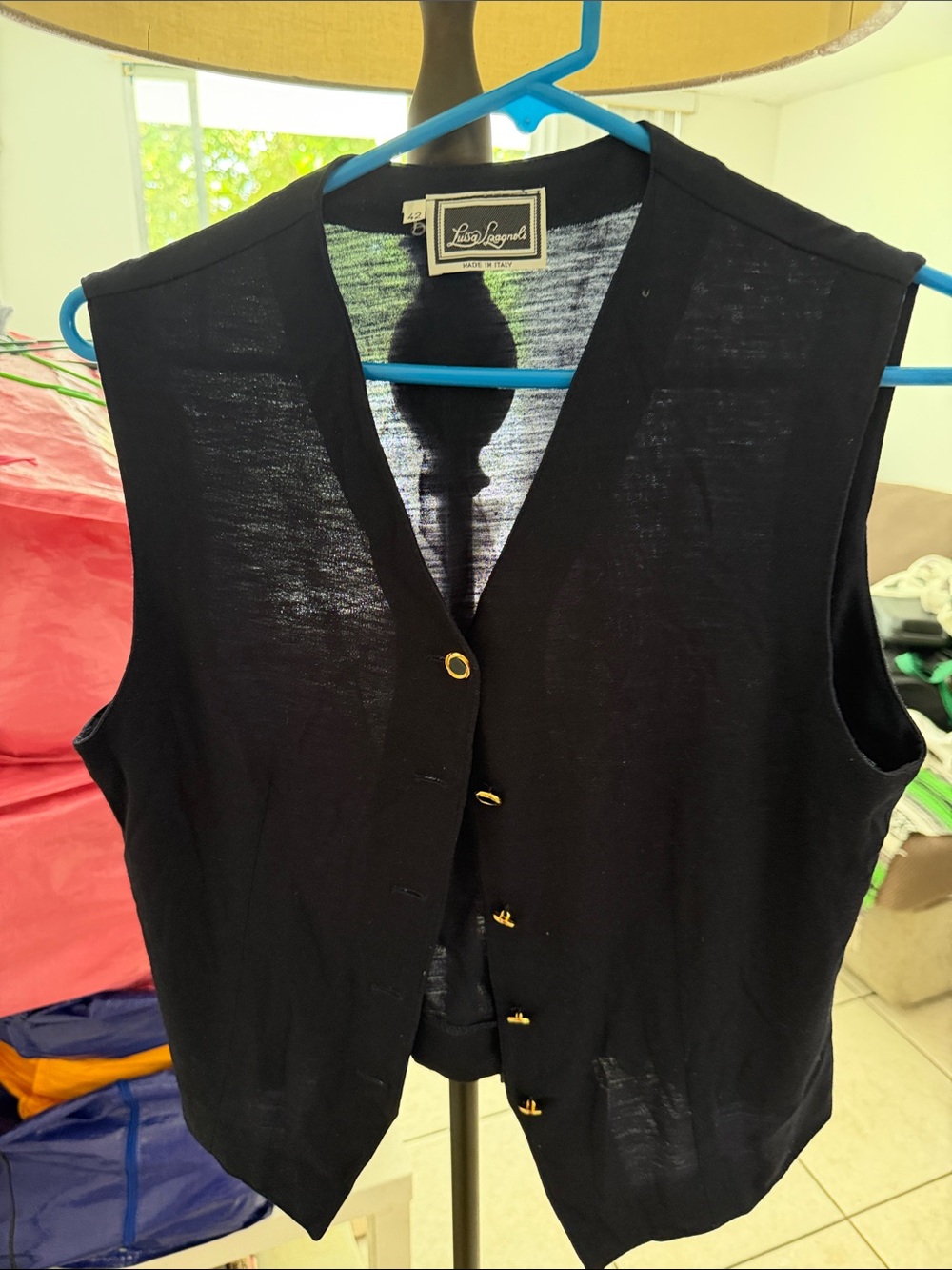 Luisa Spagnoli Black Sleeveless Button-Front Knit Vest with Gold Accents